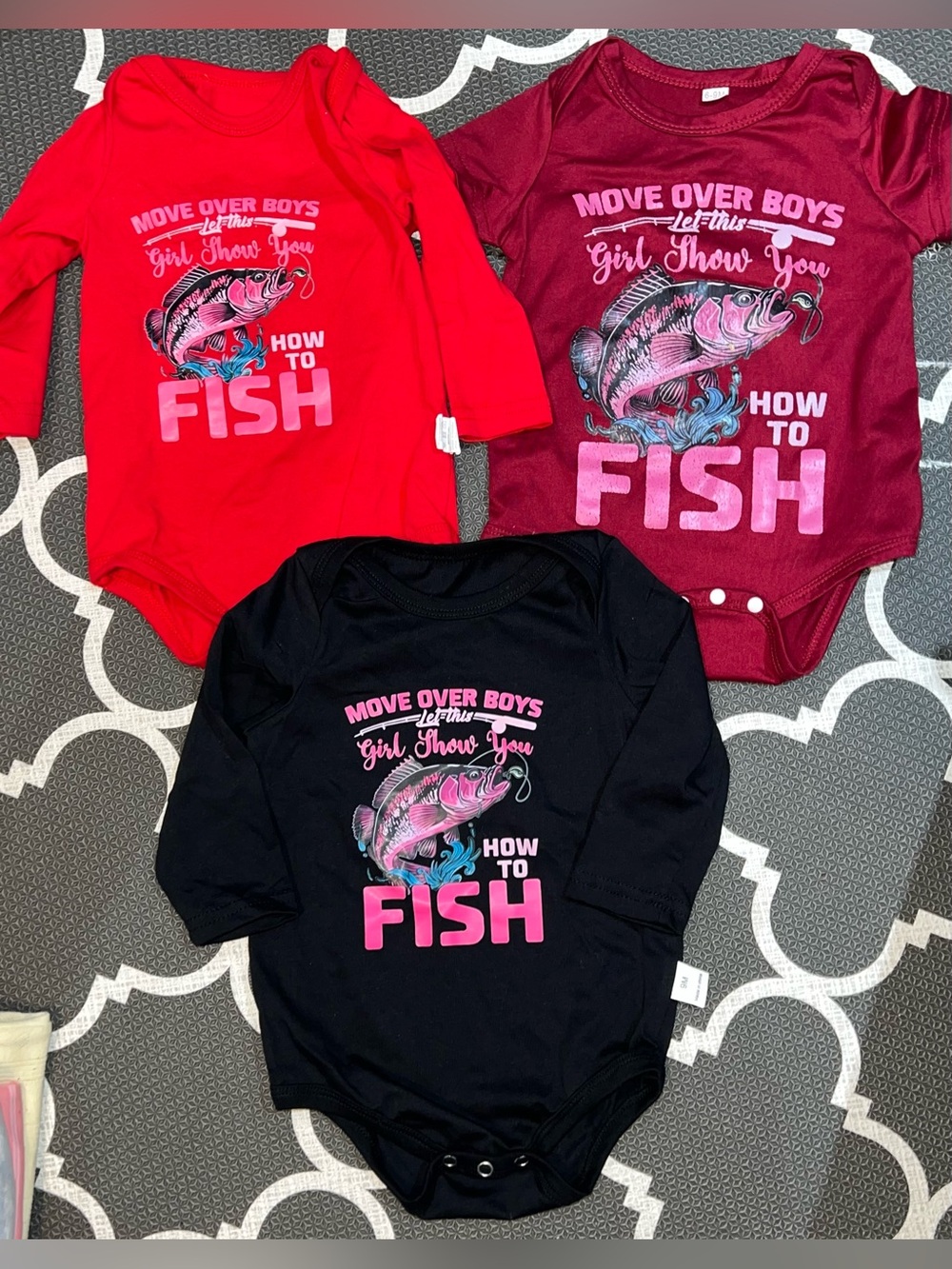 3 piece 1sh+2long 6-9M onesie set. Fishing for a girl! So cute. Never worn